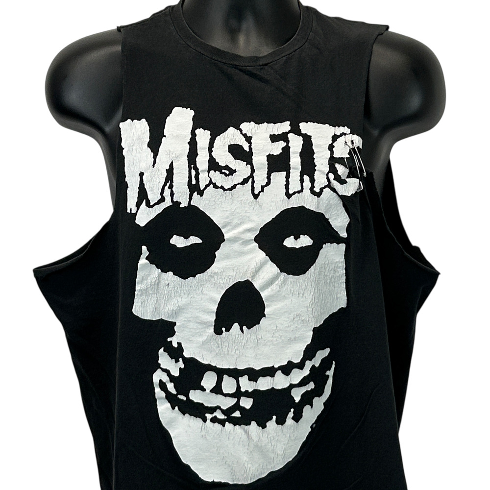 Distressed Misfits Sleeveless T Shirt Tank Top Skull Logo Black Tee Mens L Large
